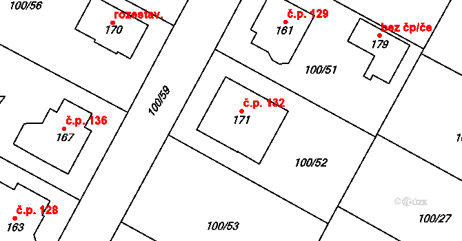 Kouty 132 na parcele st. 171 v KÚ Kouty u Poděbrad, Katastrální mapa