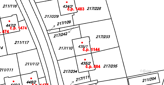 Sezimovo Ústí 1144 na parcele st. 435/1 v KÚ Sezimovo Ústí, Katastrální mapa