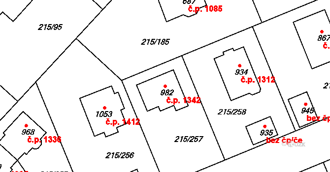 Rudná 1342 na parcele st. 982 v KÚ Hořelice, Katastrální mapa