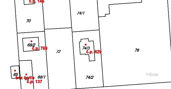 Hradištko 629 na parcele st. 74/3 v KÚ Hradištko u Sadské, Katastrální mapa