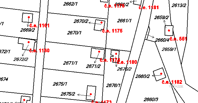 Bystřice nad Pernštejnem 1174 na parcele st. 2671/2 v KÚ Bystřice nad Pernštejnem, Katastrální mapa
