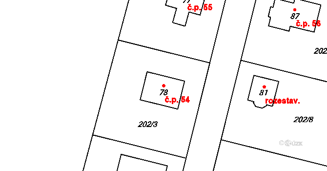 Kuchař 54, Vysoký Újezd na parcele st. 78 v KÚ Kuchař, Katastrální mapa