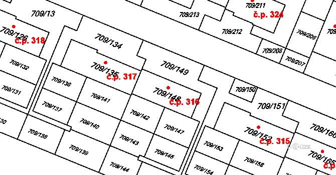 Popůvky 316 na parcele st. 709/148 v KÚ Popůvky u Brna, Katastrální mapa