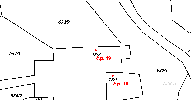 Radotice 19 na parcele st. 13/2 v KÚ Radotice, Katastrální mapa