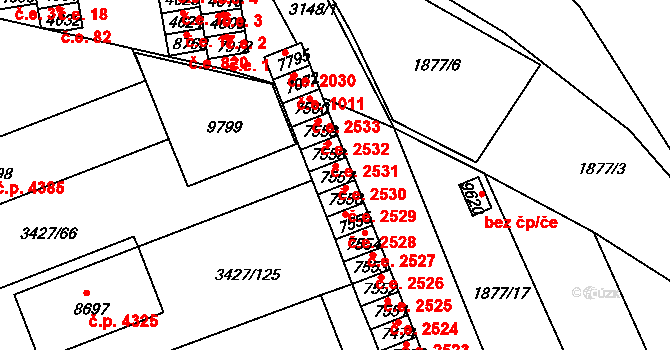 Hodonín 2530 na parcele st. 7557 v KÚ Hodonín, Katastrální mapa