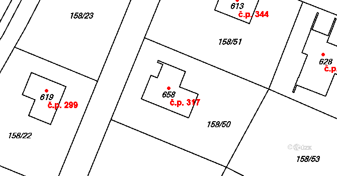 Řitka 317 na parcele st. 658 v KÚ Řitka, Katastrální mapa