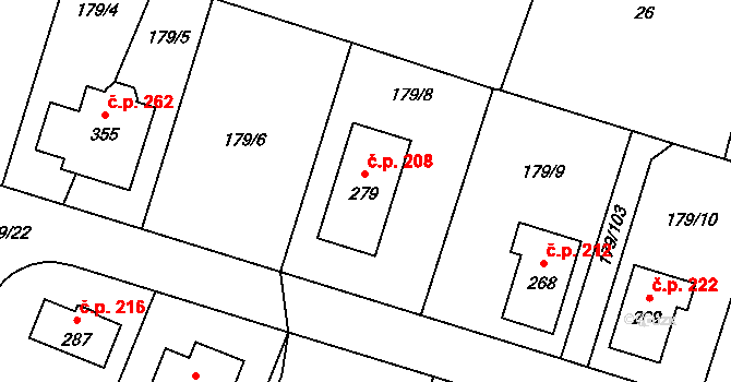Břežany II 208 na parcele st. 279 v KÚ Břežany II, Katastrální mapa