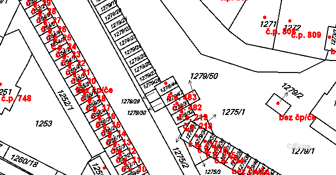 Bučovice 483 na parcele st. 1279/44 v KÚ Bučovice, Katastrální mapa