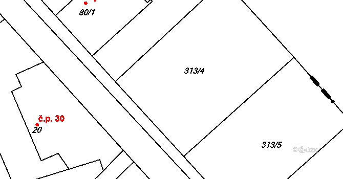 Rasochy 1, Uhlířská Lhota na parcele st. 313/4 v KÚ Rasochy, Katastrální mapa