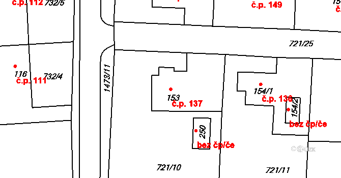 Hlubočec 137 na parcele st. 153 v KÚ Hlubočec, Katastrální mapa