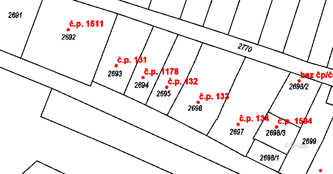 Kunovice 132 na parcele st. 2695 v KÚ Kunovice u Uherského Hradiště, Katastrální mapa