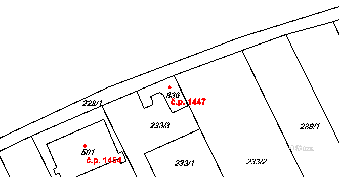 Rudná 1447 na parcele st. 836 v KÚ Hořelice, Katastrální mapa