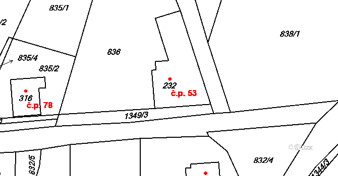Dachov 53, Miřetice na parcele st. 232 v KÚ Miřetice u Nasavrk, Katastrální mapa