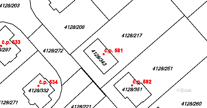 Choceňské Předměstí 581, Vysoké Mýto na parcele st. 4128/343 v KÚ Vysoké Mýto, Katastrální mapa