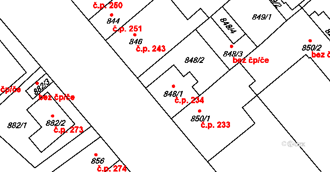 Litomyšlské Předměstí 234, Vysoké Mýto na parcele st. 848/1 v KÚ Vysoké Mýto, Katastrální mapa