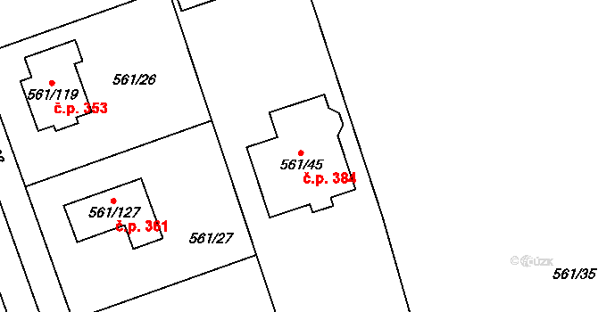 Třebestovice 384 na parcele st. 561/45 v KÚ Třebestovice, Katastrální mapa