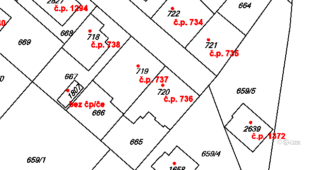 Neratovice 736 na parcele st. 720 v KÚ Neratovice, Katastrální mapa