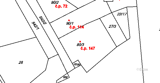 Chýně 147 na parcele st. 90/3 v KÚ Chýně, Katastrální mapa