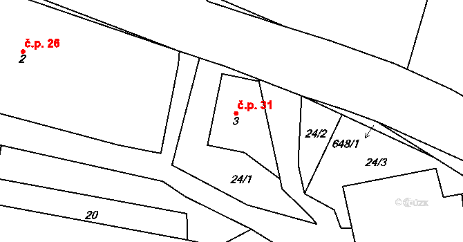Kocourov 31, Mochtín na parcele st. 3 v KÚ Kocourov, Katastrální mapa