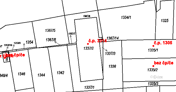 Smíchov 3314, Praha na parcele st. 1337/2 v KÚ Smíchov, Katastrální mapa
