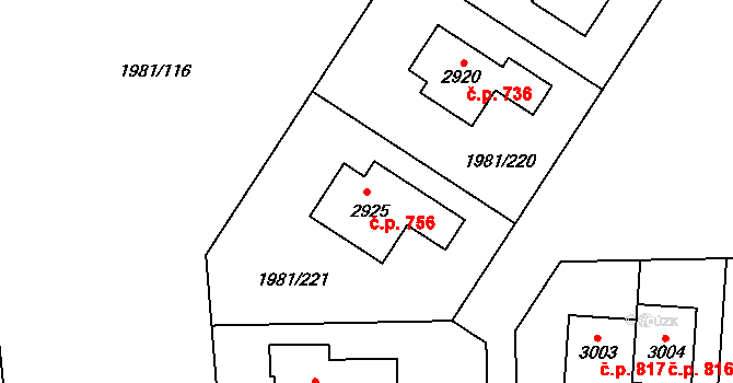 Litice 756, Plzeň na parcele st. 2925 v KÚ Litice u Plzně, Katastrální mapa