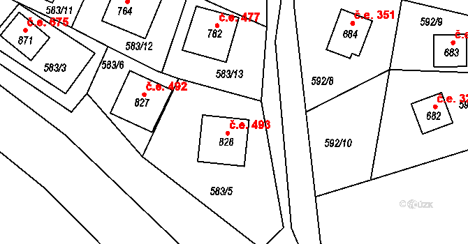 Sýkořice 493 na parcele st. 828 v KÚ Sýkořice, Katastrální mapa