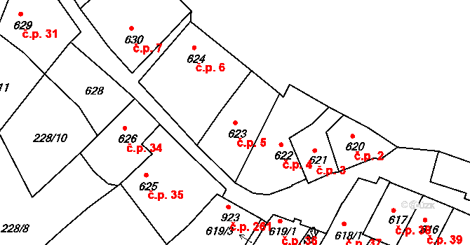 Plešivec 5, Český Krumlov na parcele st. 623 v KÚ Český Krumlov, Katastrální mapa