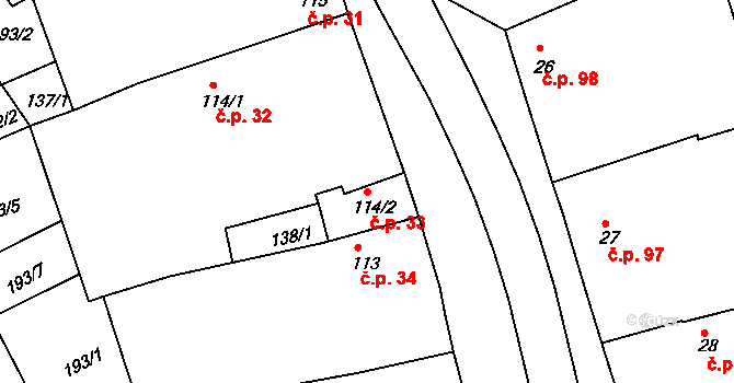 Merklín 33 na parcele st. 114/2 v KÚ Merklín u Přeštic, Katastrální mapa