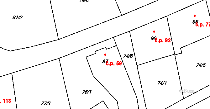 Blatno 59 na parcele st. 87 v KÚ Blatno u Podbořan, Katastrální mapa