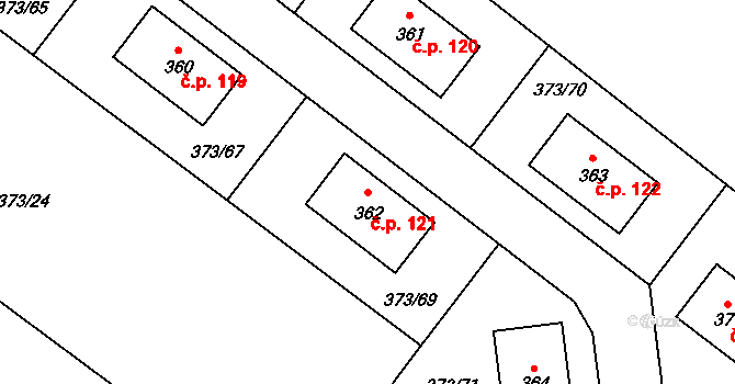 Korycany 121, Neratovice na parcele st. 362 v KÚ Korycany, Katastrální mapa