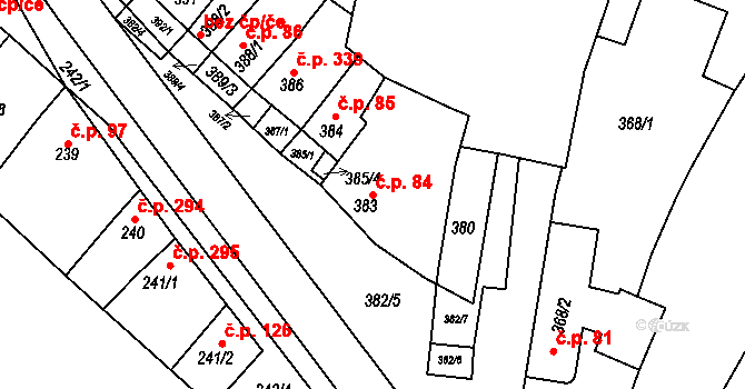 Hrušovany u Brna 84 na parcele st. 383 v KÚ Hrušovany u Brna, Katastrální mapa