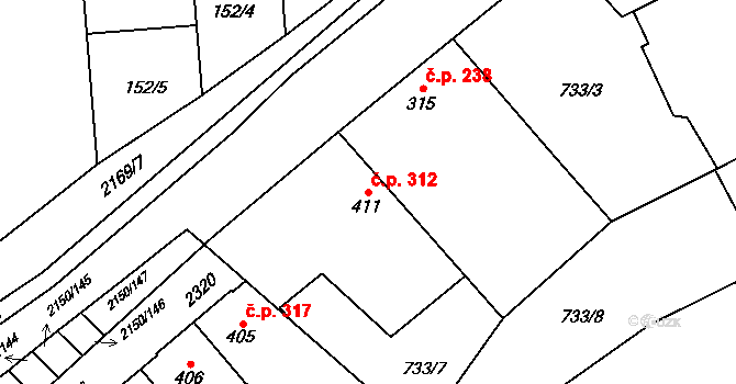 Žeravice 312 na parcele st. 411/1 v KÚ Žeravice u Kyjova, Katastrální mapa