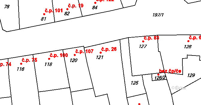 Krčmaň 26 na parcele st. 121 v KÚ Krčmaň, Katastrální mapa
