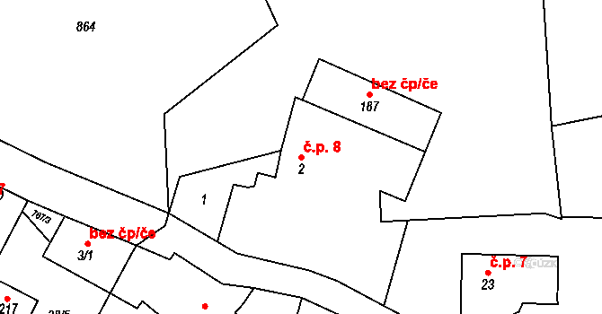 Roželov 8, Hvožďany na parcele st. 2 v KÚ Roželov, Katastrální mapa