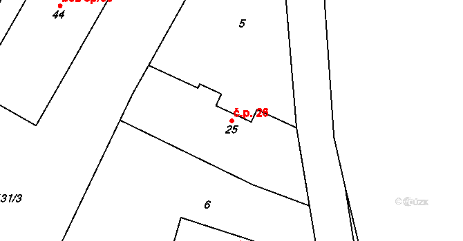 Chomutičky 26, Chomutice na parcele st. 25 v KÚ Chomutičky, Katastrální mapa