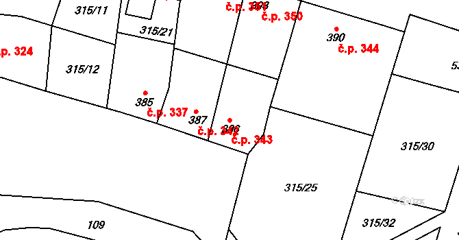 Třebenice 343 na parcele st. 386 v KÚ Třebenice, Katastrální mapa