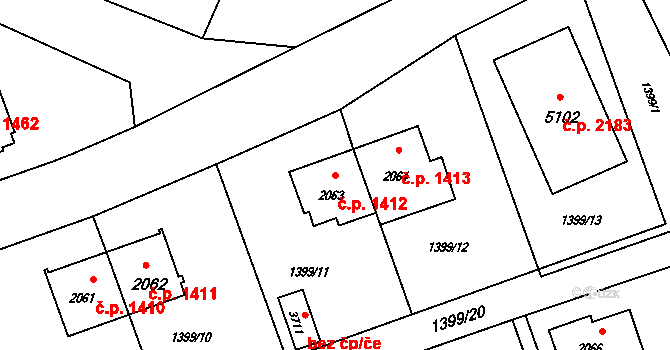 Rožnov pod Radhoštěm 1412 na parcele st. 2063 v KÚ Rožnov pod Radhoštěm, Katastrální mapa