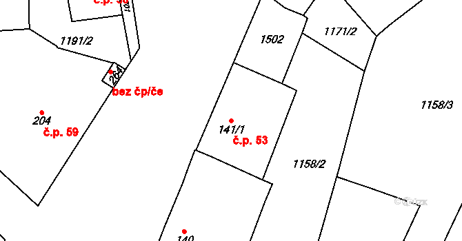 Hynkov 53, Příkazy na parcele st. 141/1 v KÚ Hynkov, Katastrální mapa