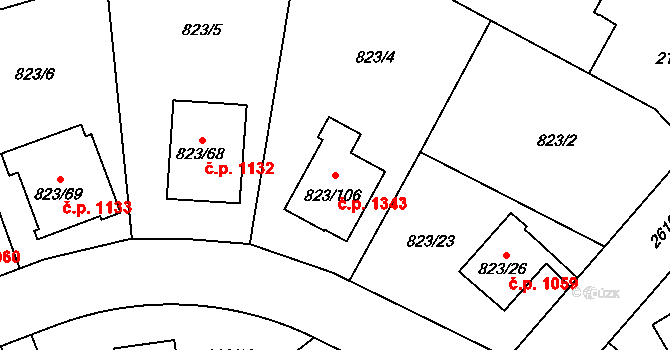 Radotín 1343, Praha na parcele st. 823/106 v KÚ Radotín, Katastrální mapa