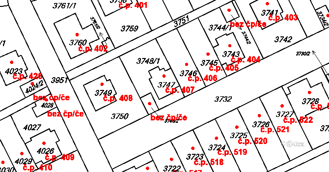 Záběhlice 407, Praha na parcele st. 3747 v KÚ Záběhlice, Katastrální mapa