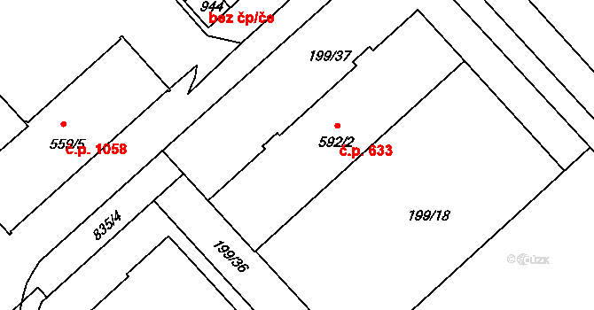 Sezimovo Ústí 633 na parcele st. 592/2 v KÚ Sezimovo Ústí, Katastrální mapa