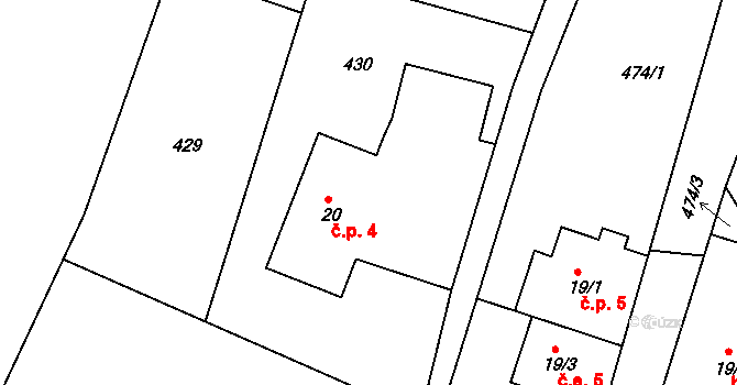 Vrtky 4, Všelibice na parcele st. 20 v KÚ Přibyslavice, Katastrální mapa