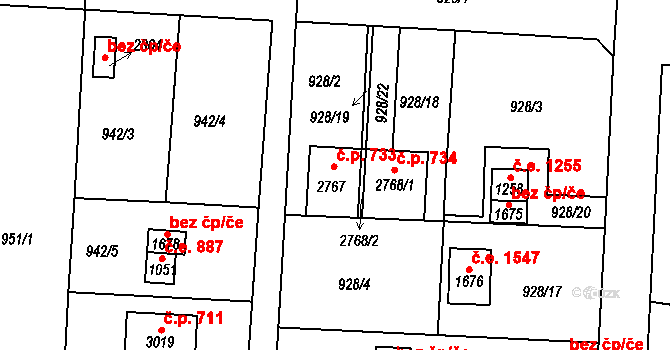 Litice 733, Plzeň na parcele st. 2767 v KÚ Valcha, Katastrální mapa