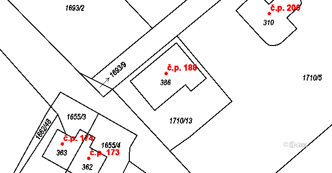 Olbramovice Ves 188, Olbramovice na parcele st. 386 v KÚ Olbramovice u Votic, Katastrální mapa