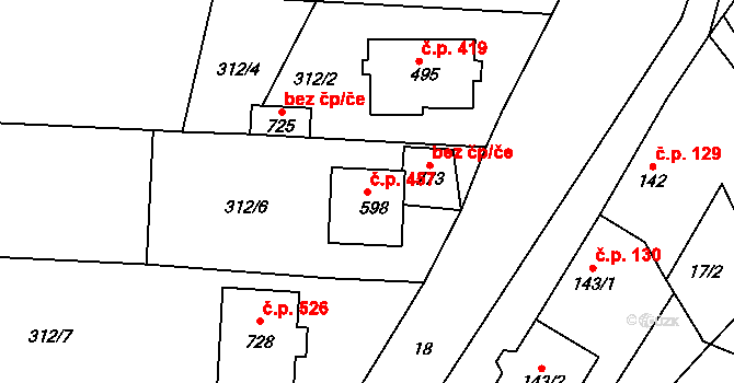 Stařeč 457 na parcele st. 598 v KÚ Stařeč, Katastrální mapa