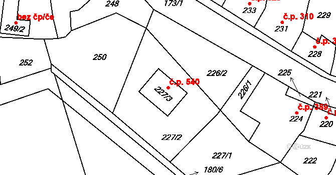 Hostomice 540 na parcele st. 227/3 v KÚ Hostomice pod Brdy, Katastrální mapa