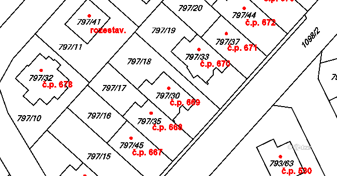Lázně Bohdaneč 669 na parcele st. 797/30 v KÚ Lázně Bohdaneč, Katastrální mapa