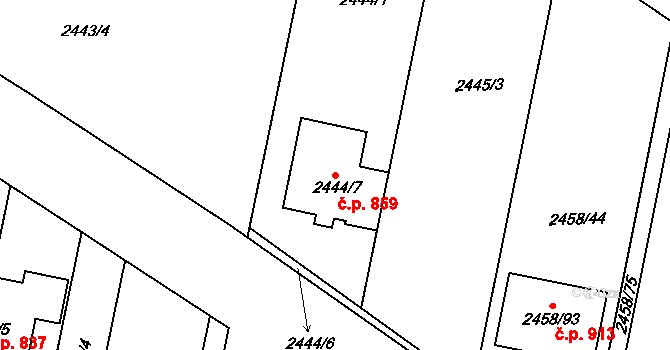 Klobouky u Brna 859 na parcele st. 2444/7 v KÚ Klobouky u Brna, Katastrální mapa