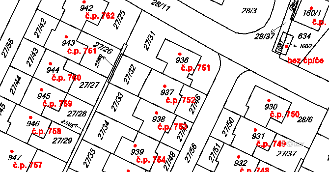 Dolní Břežany 752 na parcele st. 937 v KÚ Dolní Břežany, Katastrální mapa