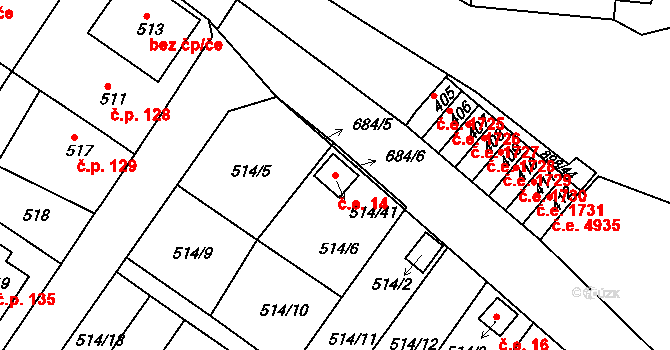 Všebořice 14, Ústí nad Labem na parcele st. 514/41 v KÚ Všebořice, Katastrální mapa